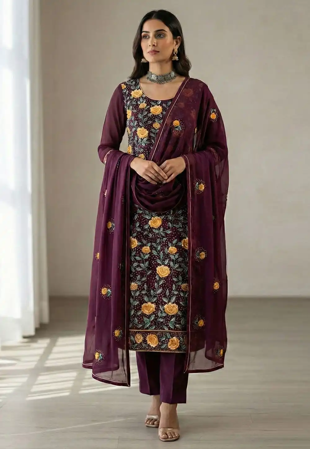 Purple Georgette Readymade Pant Style Suit 322967