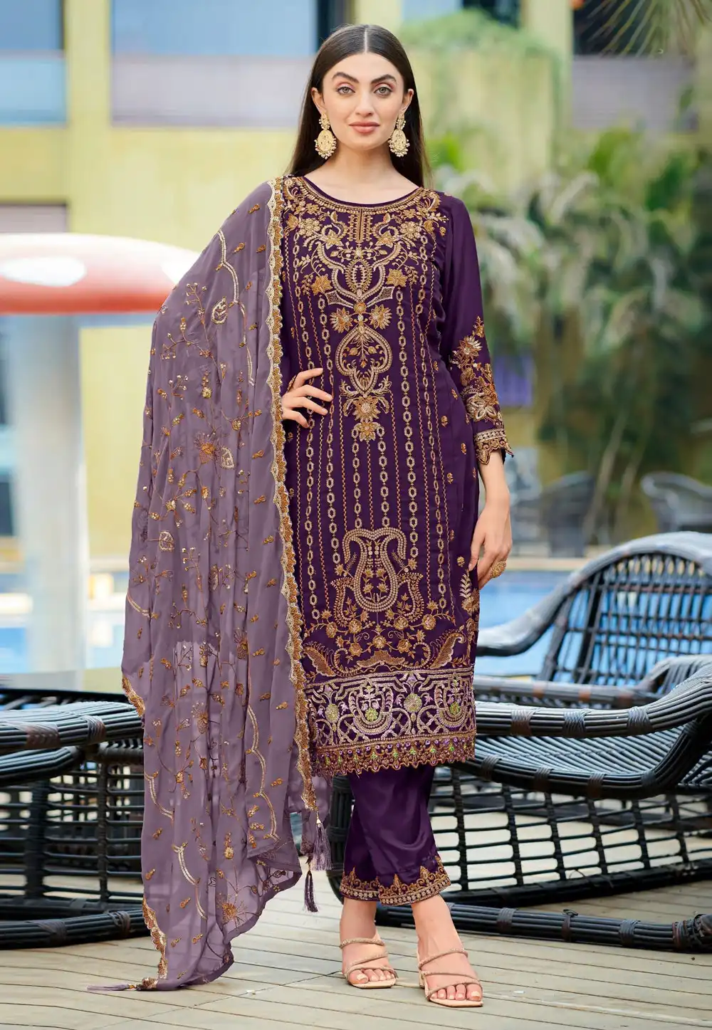 Purple Georgette Readymade Pant Style Suit 323968