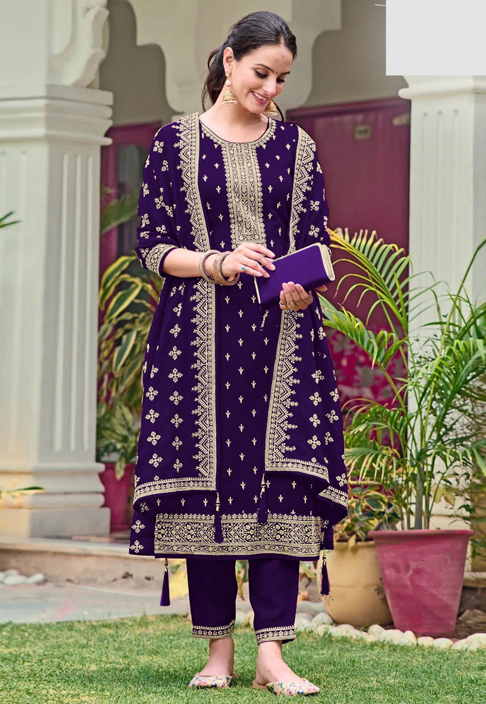 Purple Georgette Straight Suit 327257