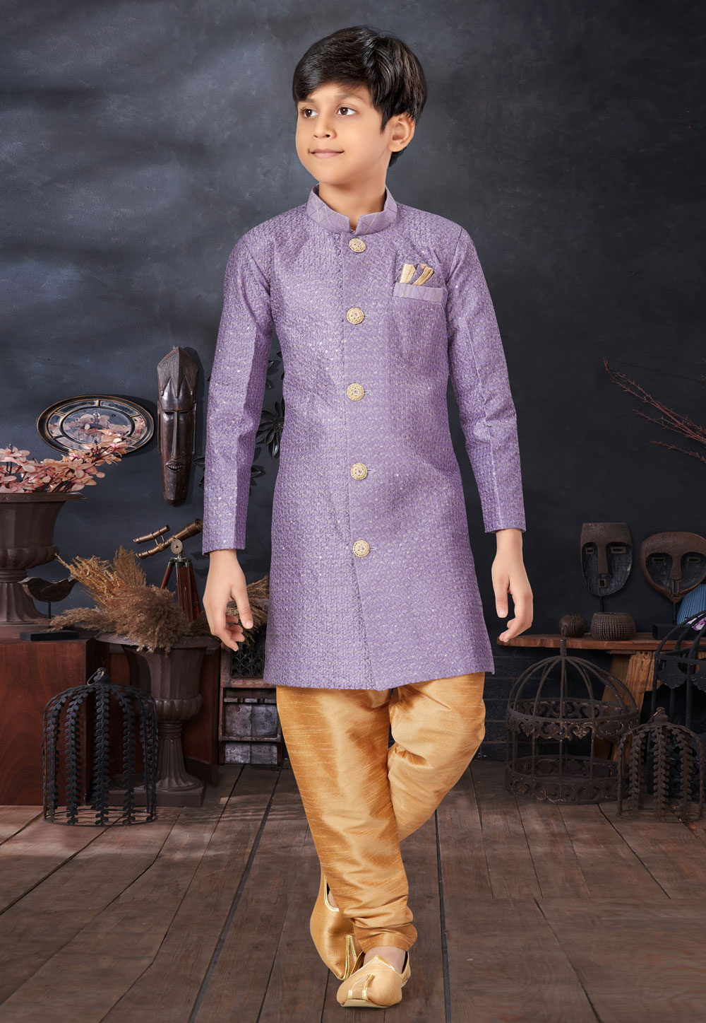 Purple Jacquard Kids Indo Western Sherwani 279107