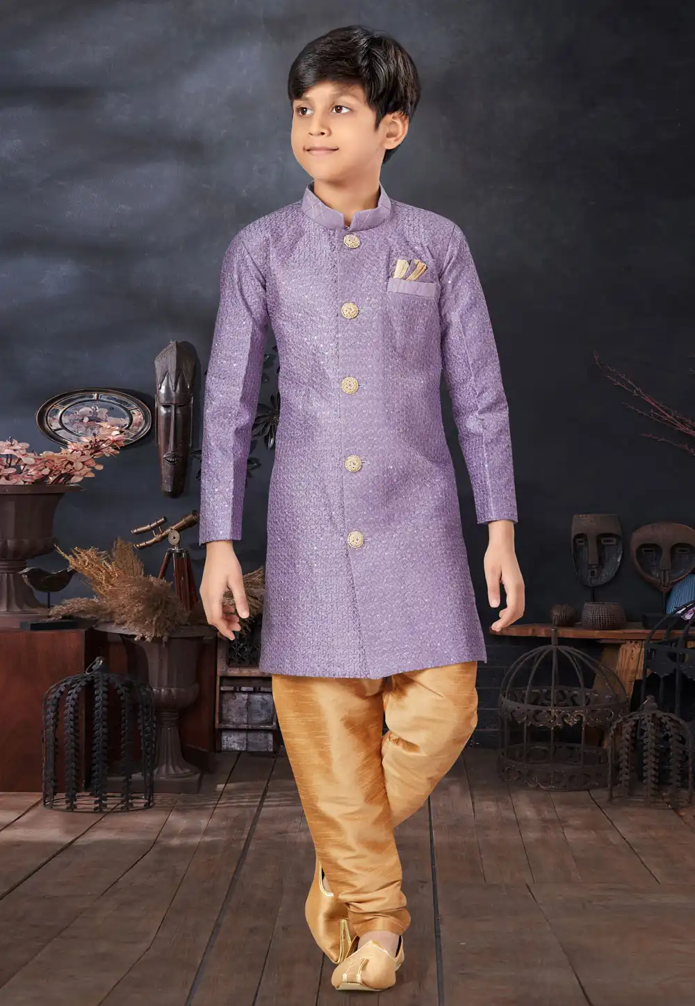 Purple Jacquard Kids Indo Western Sherwani 279107