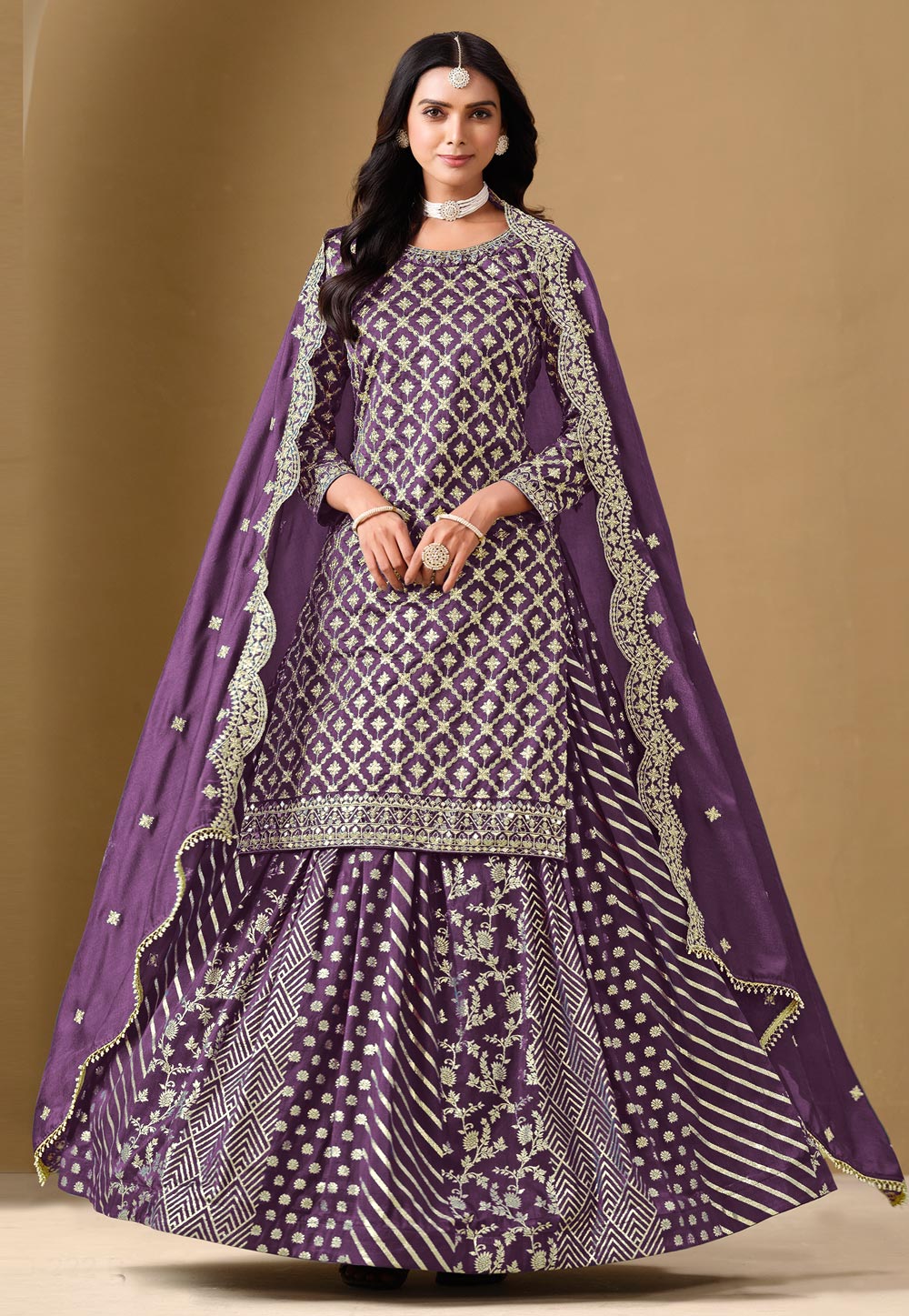 Purple Jacquard Long Choli Lehenga 307321