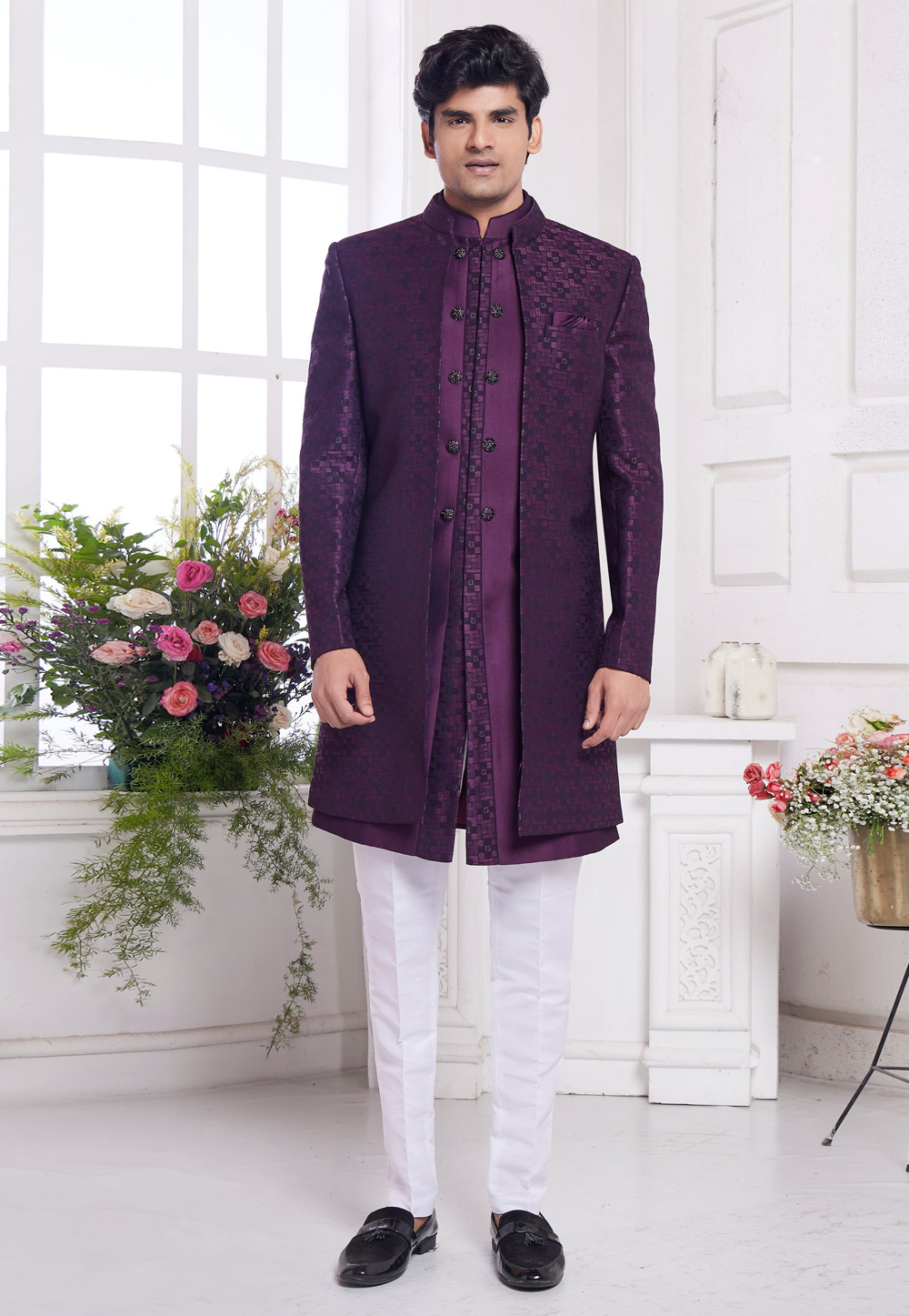 Purple Jacquard Silk Jacket Style Sherwani 308607