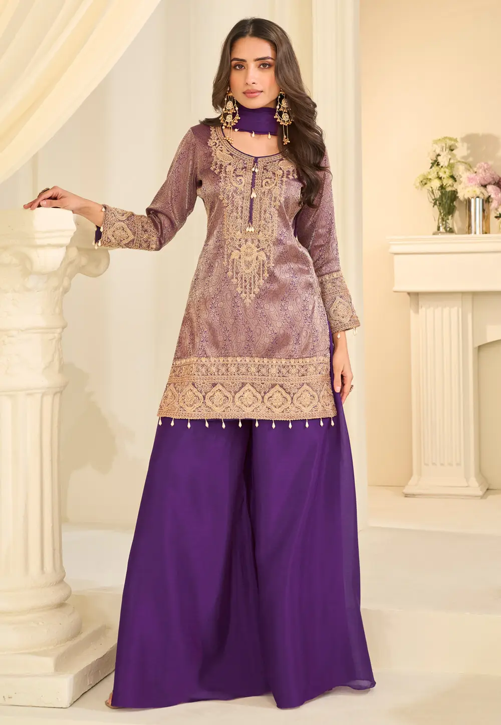 Purple Jacquard Silk Pakistani Suit 333186