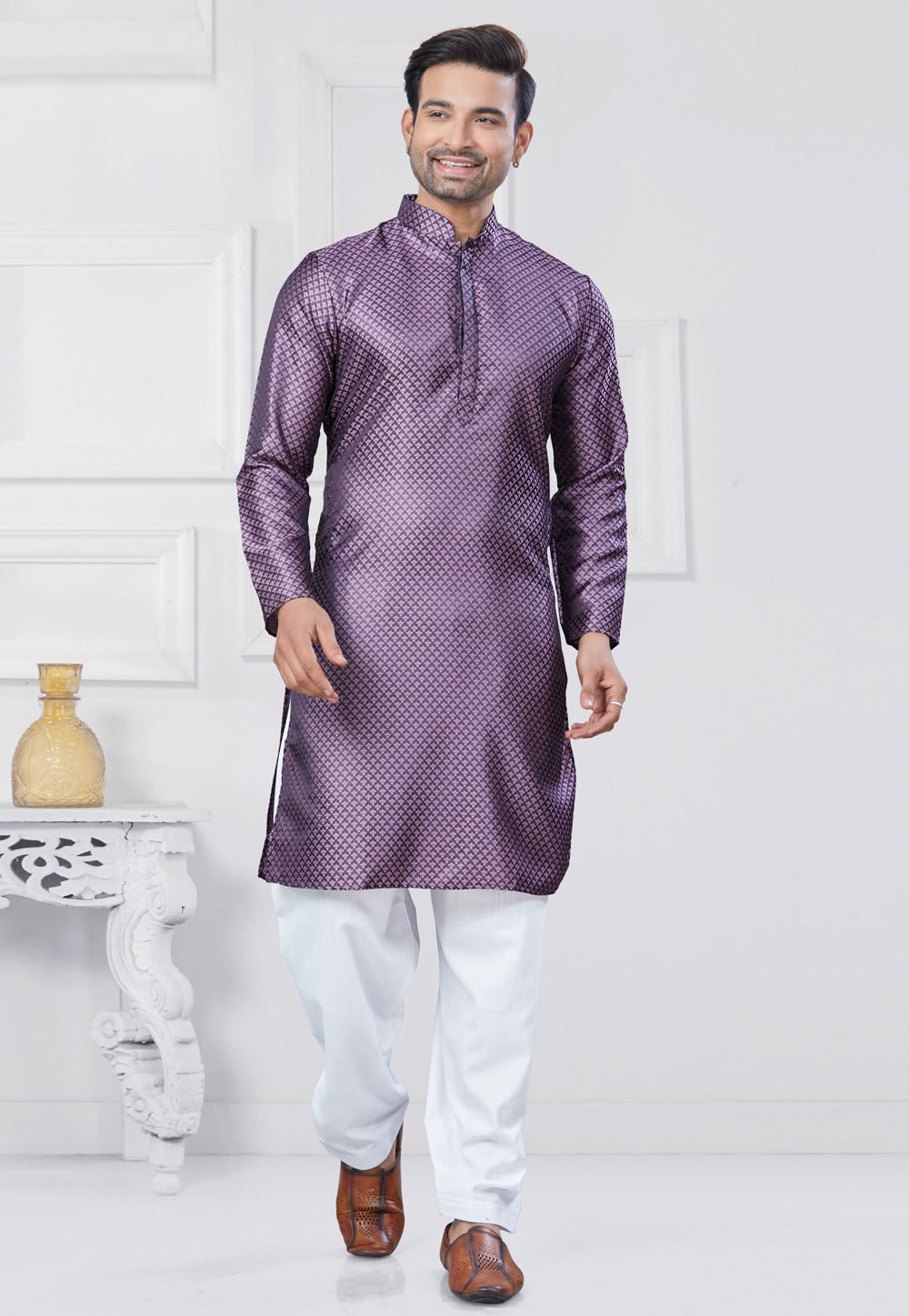 Purple Jacquard Silk Pathani Suit 307354