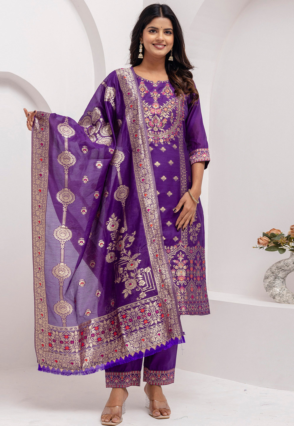Purple Jacquard Silk Readymade Pakistani Suit 308712