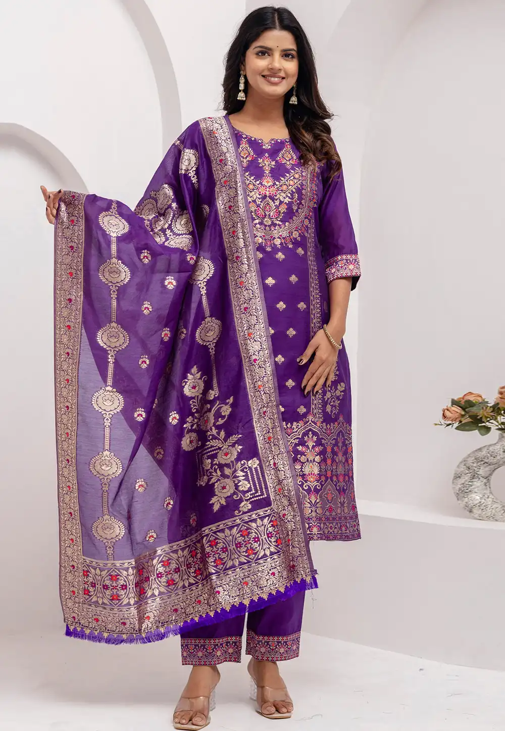 Purple Jacquard Silk Readymade Pakistani Suit 308712