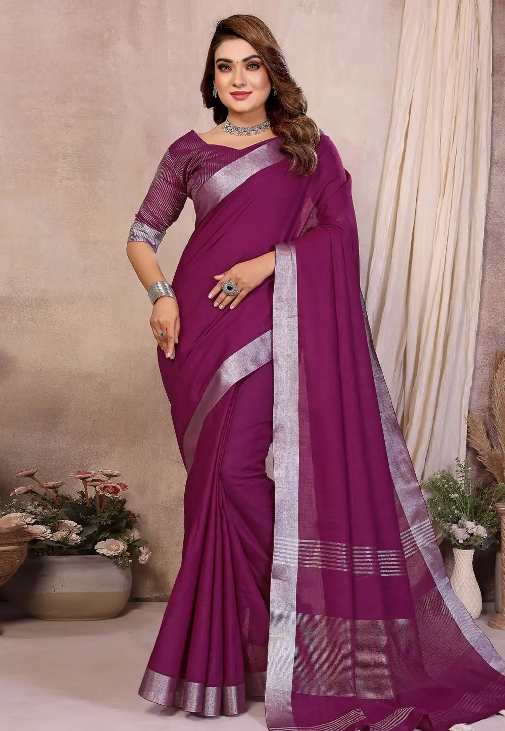 Purple Linen Saree With Blouse 319827