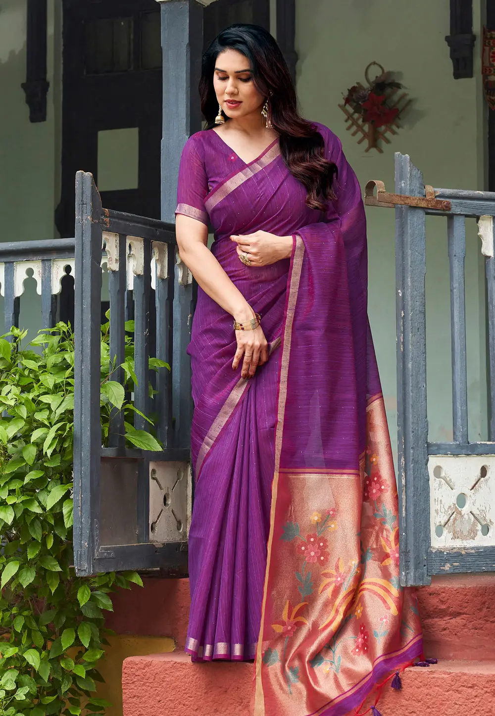 Purple Linen Saree With Blouse 336593