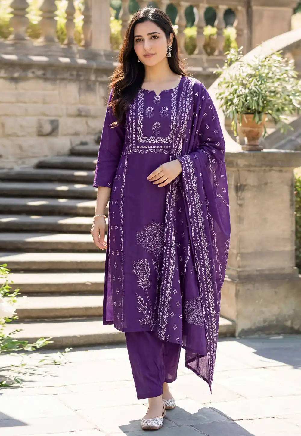 Purple Muslin Readymade Pant Style Suit 327264