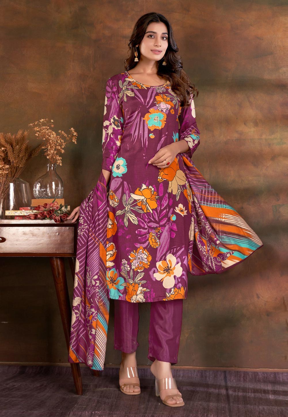 Purple Muslin Readymade Pant Style Suit 281881