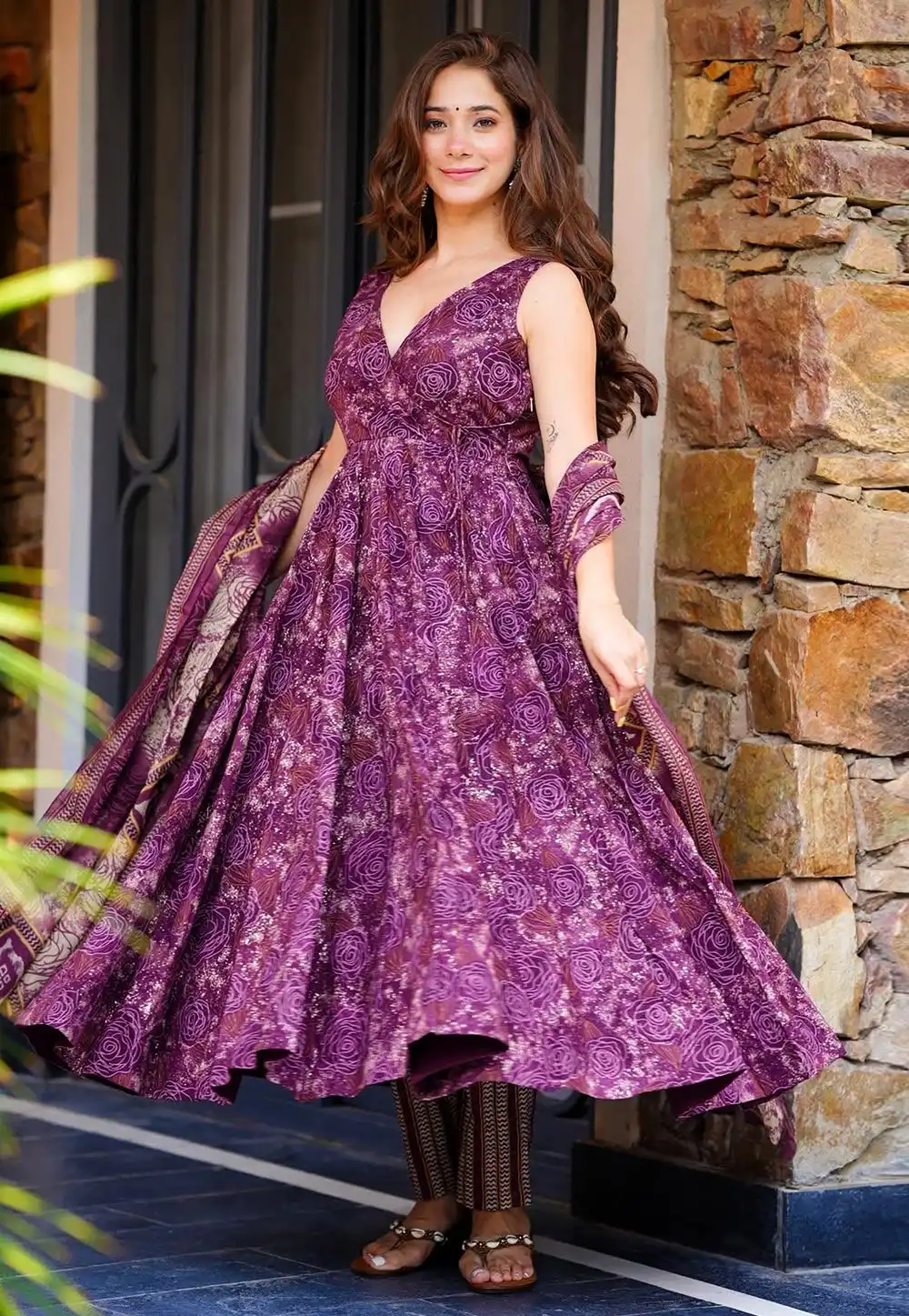 Purple Muslin Readymade Pant Style Suit 317269