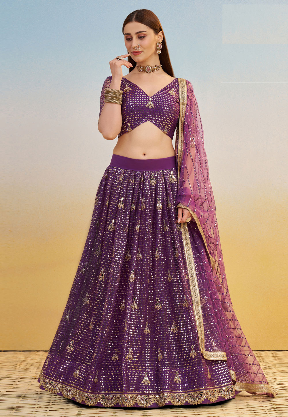 Purple Net Circular Lehenga Choli 313019