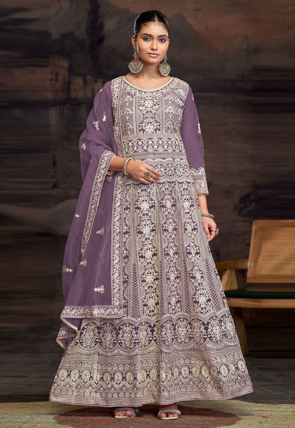 Purple Net Embroidered Long Anarkali Suit 307872