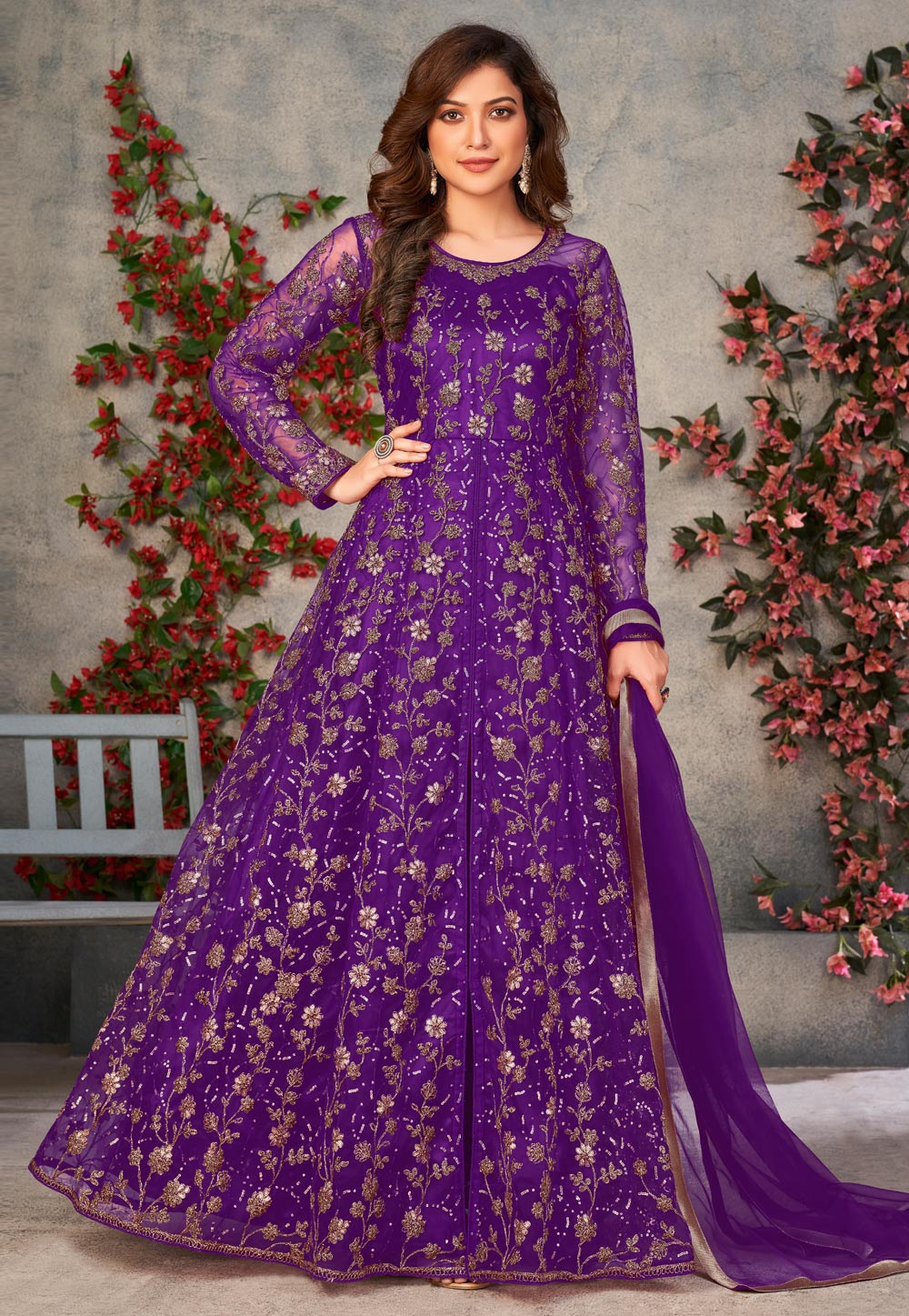 Purple Net Embroidered Long Anarkali Suit 308311