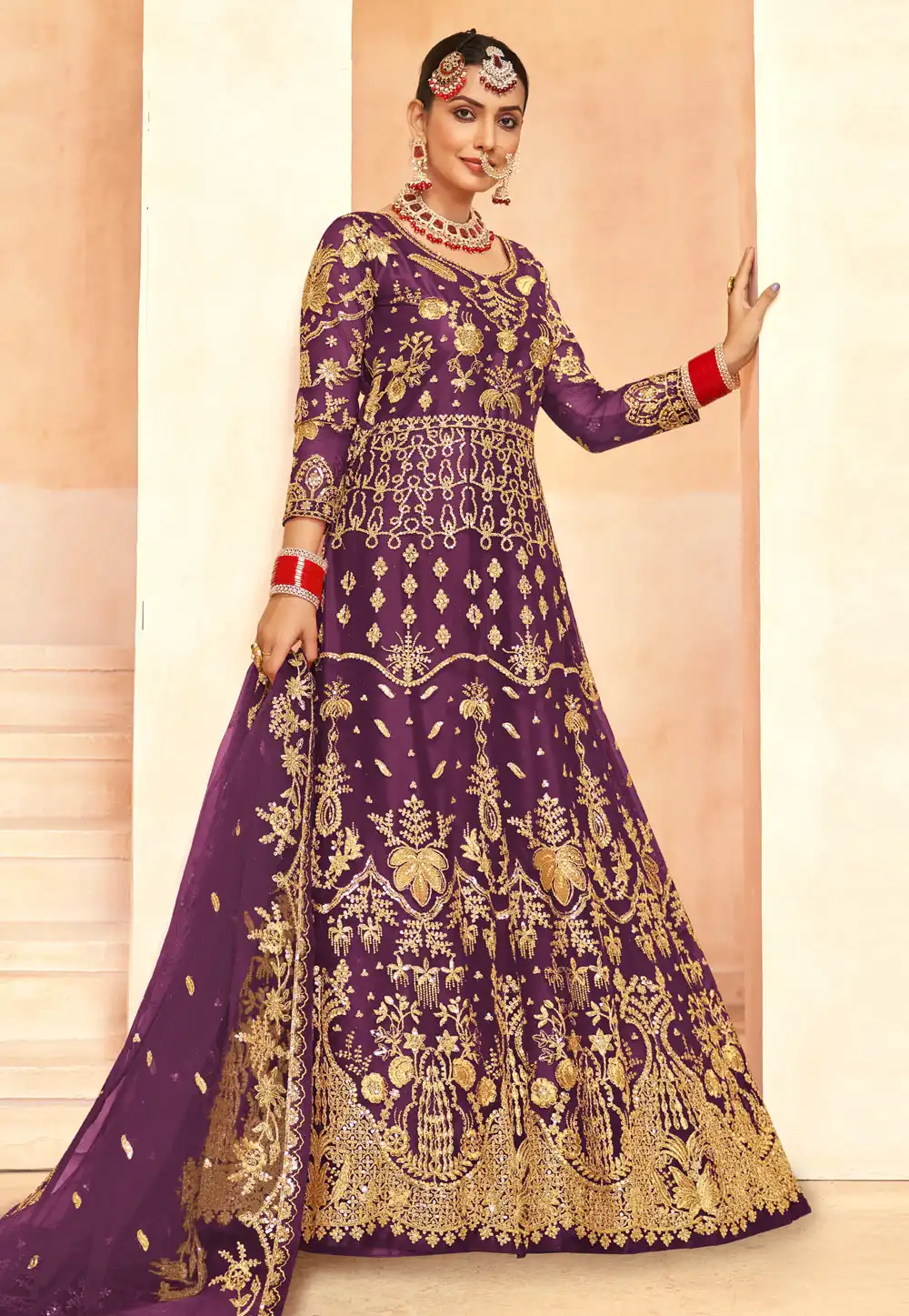 Purple Net Embroidered Long Anarkali Suit 327710
