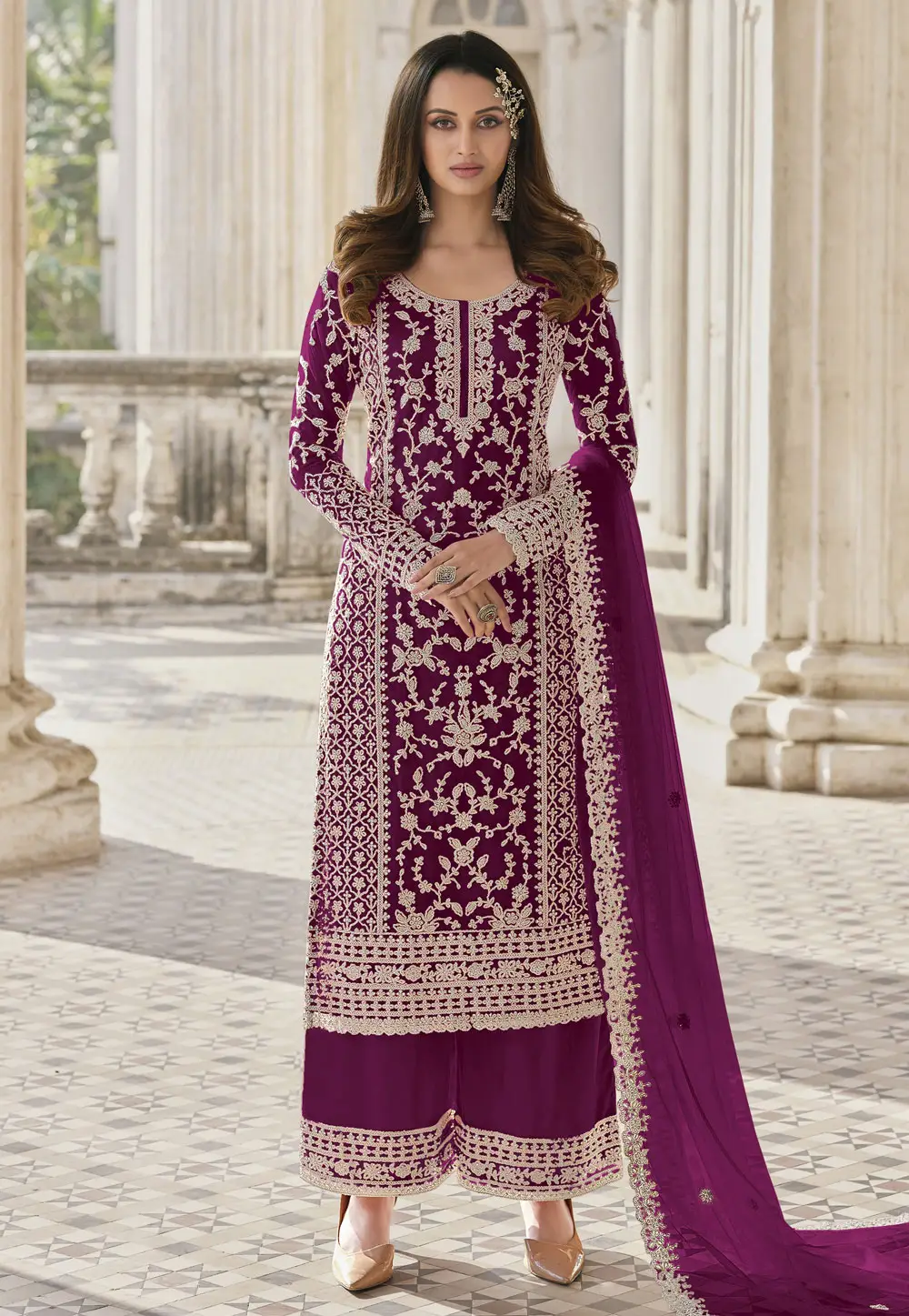 Purple Net Embroidered Palazzo Suit 334486