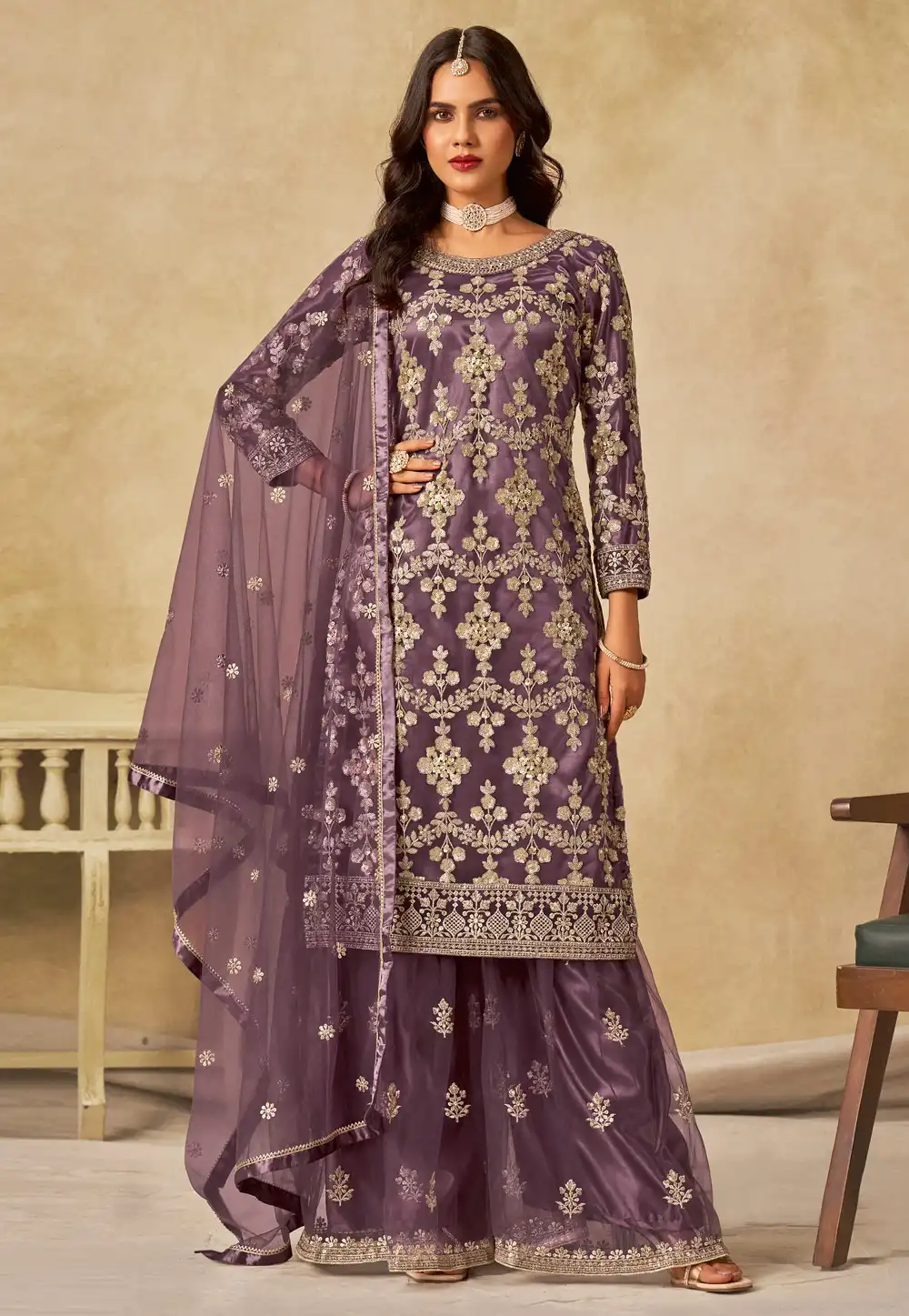 Purple Net Palazzo Suit 318079