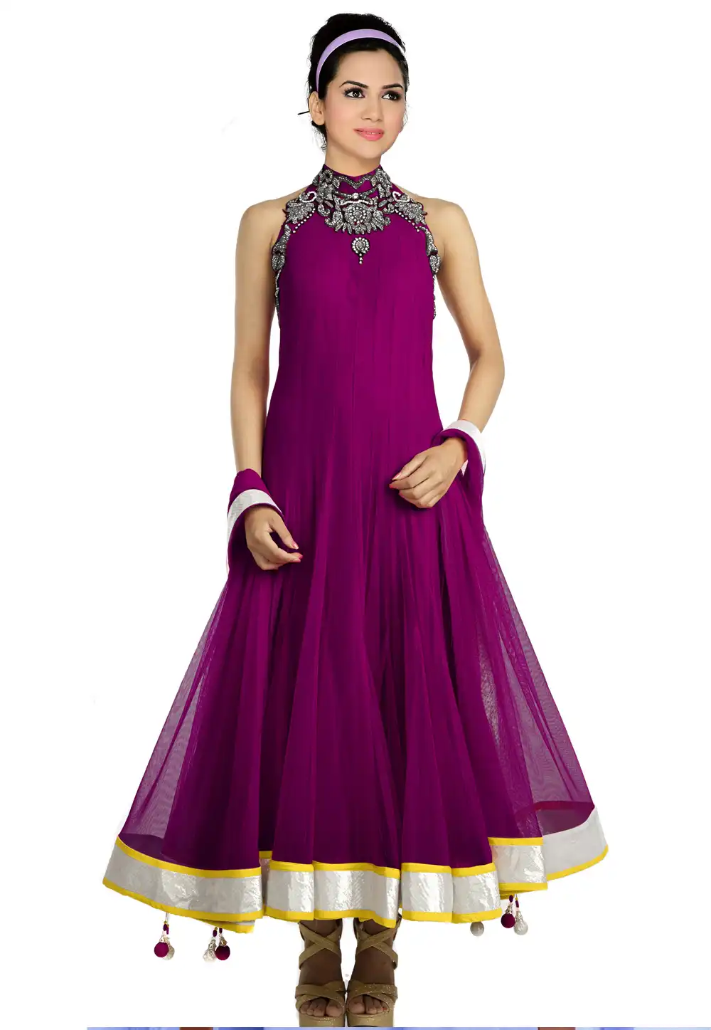 Purple Net Readymade Anarkali Suit 321752