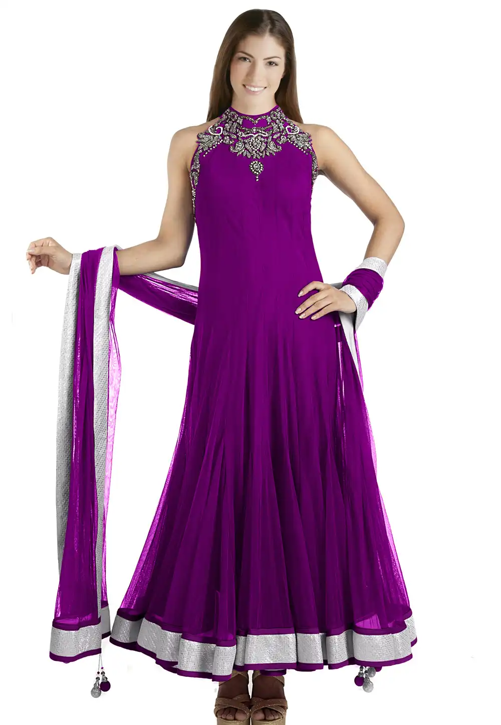 Purple Net Readymade Anarkali Suit 321760