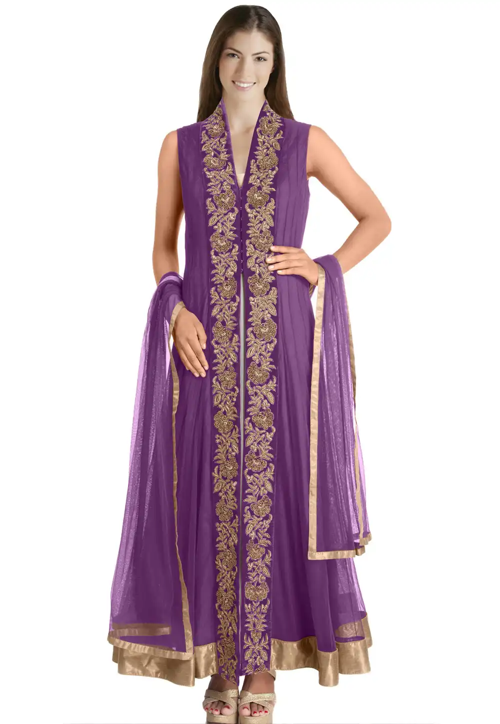 Purple Net Readymade Long Anarkali Suit 321772