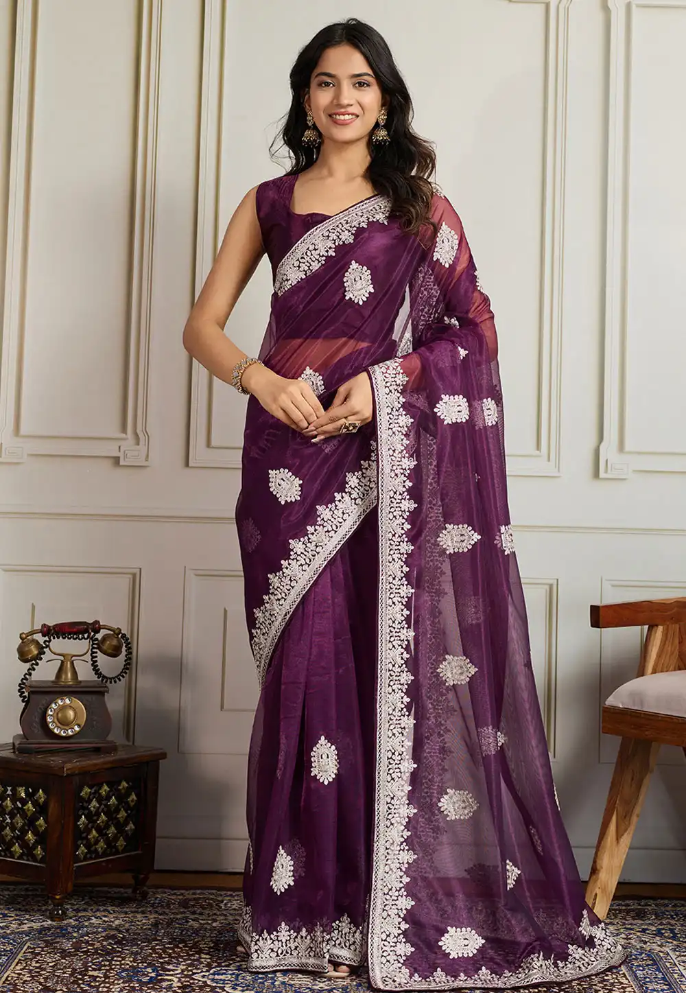 Purple Net Saree With Blouse 316712