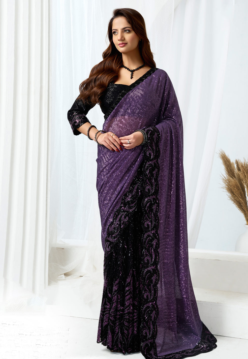 Purple Net Sequence Saree 326768