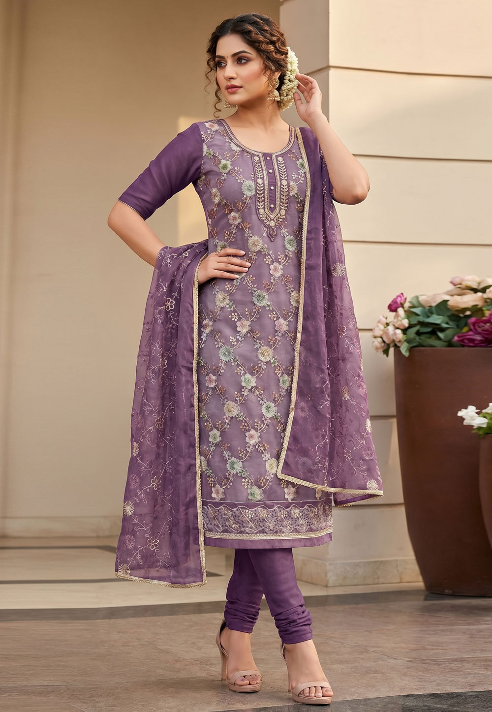 Purple Organza Churidar Suit 327702