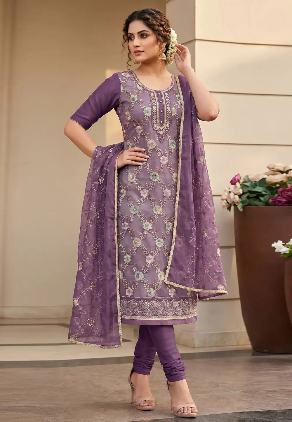 Purple Organza Churidar Suit 327702