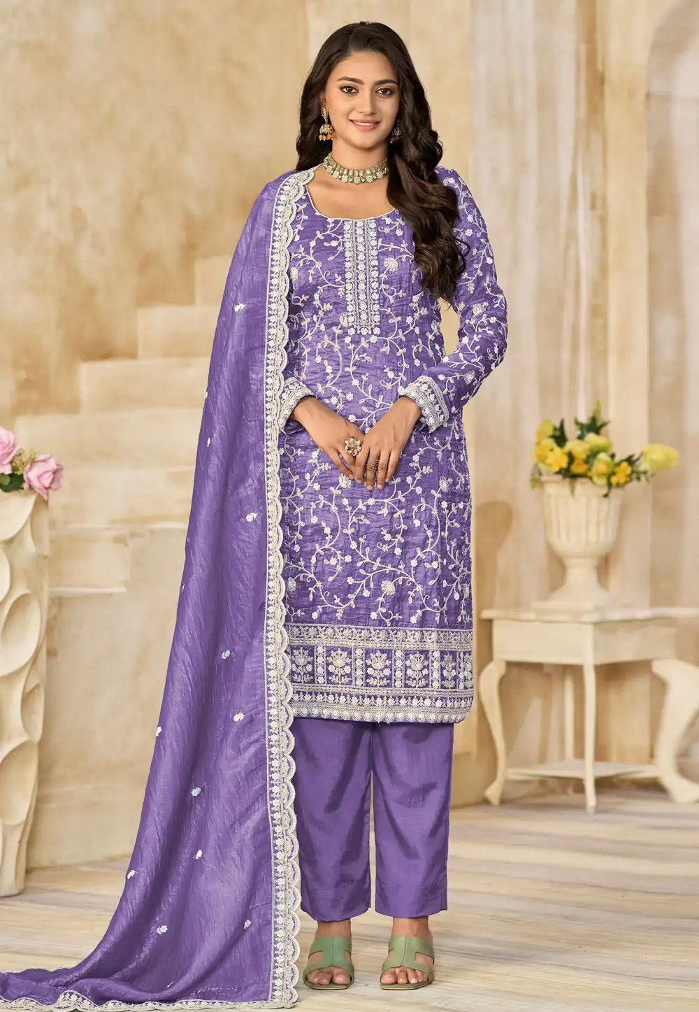 Purple Organza Embroidered Pant Style Suit 313647