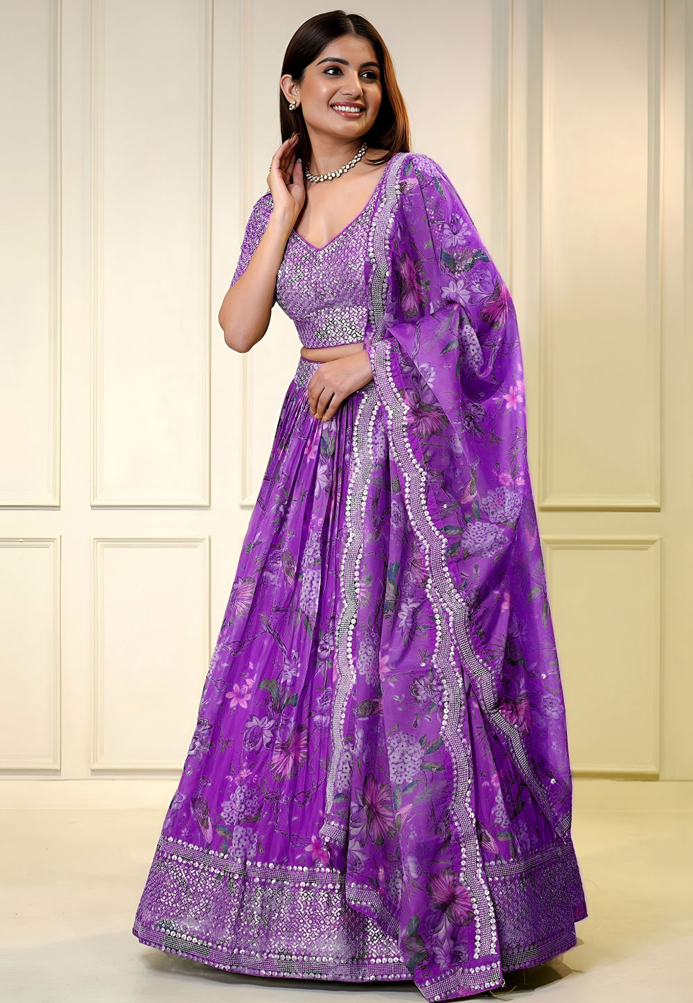 Purple Organza Floral print Lehenga Choli 322745