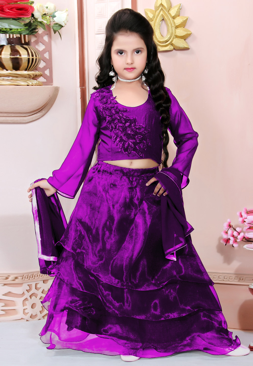 Purple Organza Kids Lehenga Choli 312258