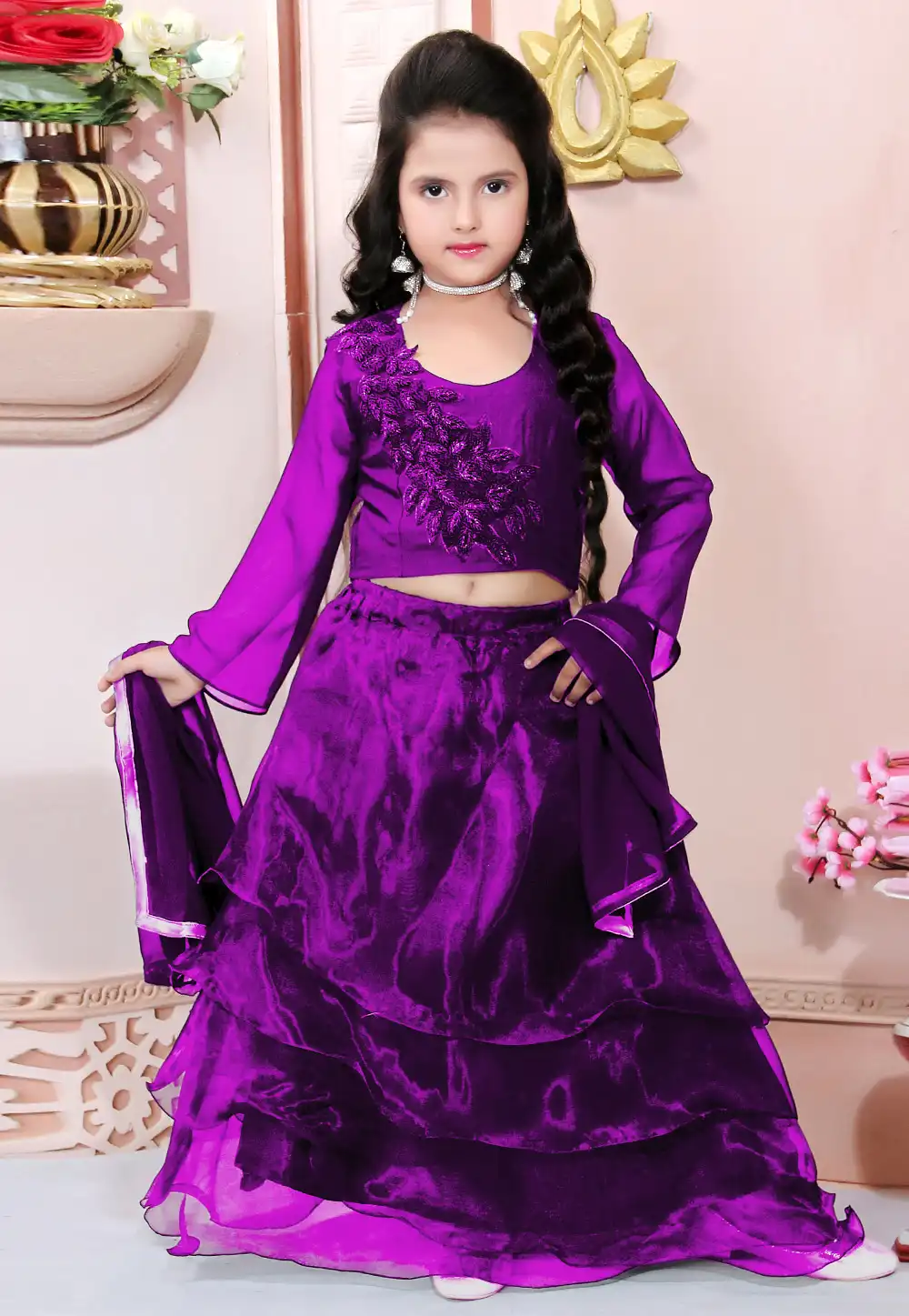 Purple Organza Kids Lehenga Choli 312258