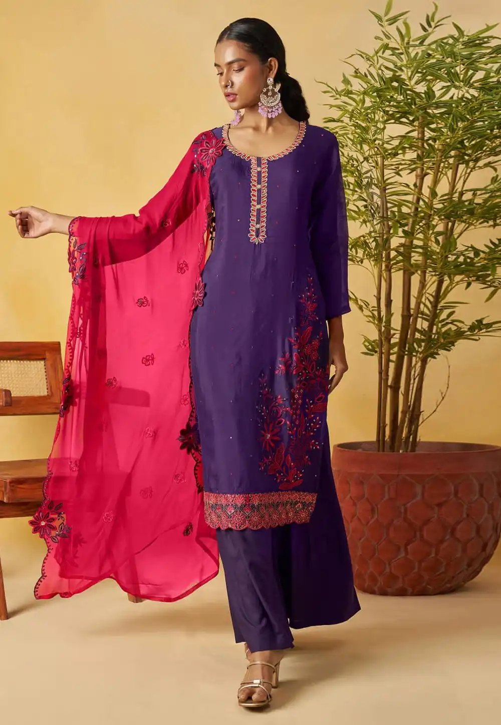 Purple Organza Readymade Palazzo Suit 317192