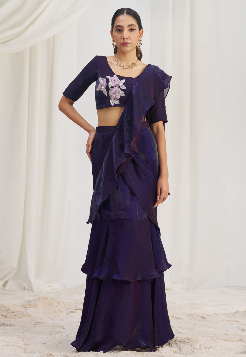 Purple Organza Ruffle Border Saree With Blouse 307258