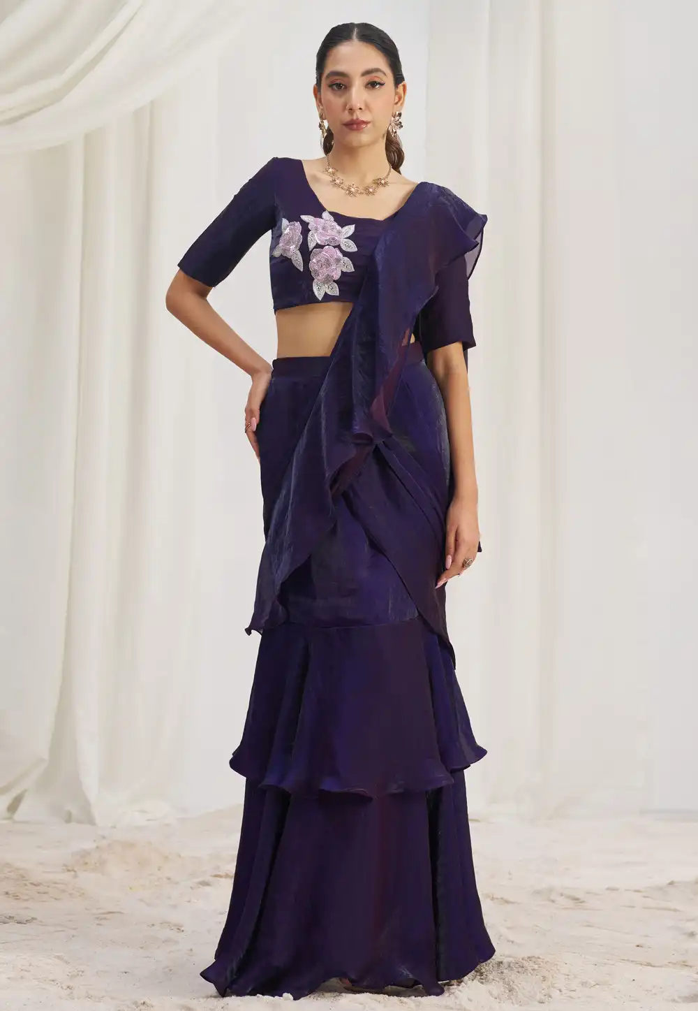 Purple Organza Ruffle Border Saree With Blouse 307258