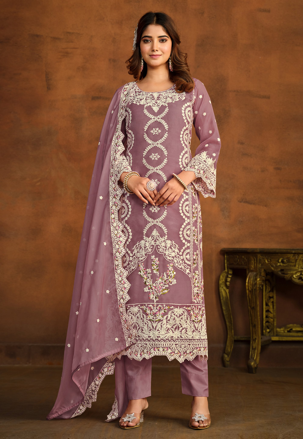 Purple Organza Straight Suit 279644