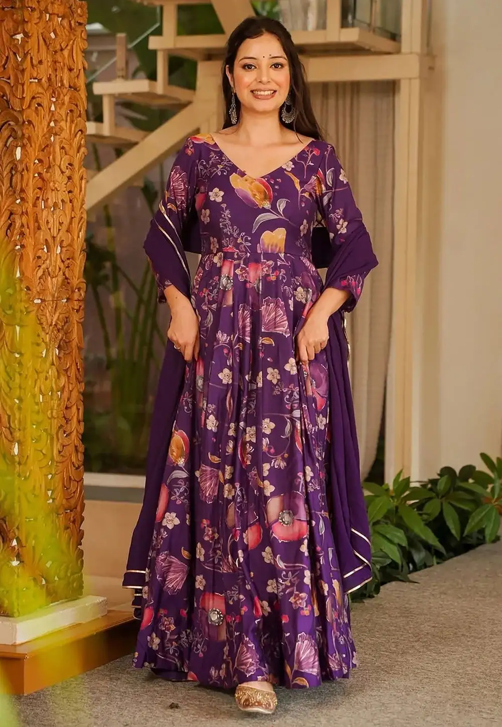 Purple Rayon Readymade Long Anarkali Suit 330839