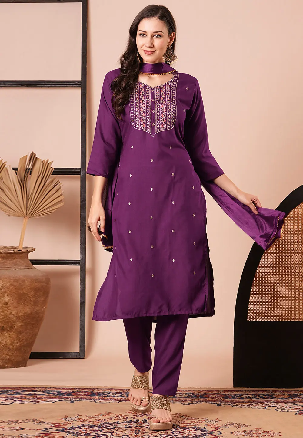 Purple Rayon Readymade Pant Style Suit 299691