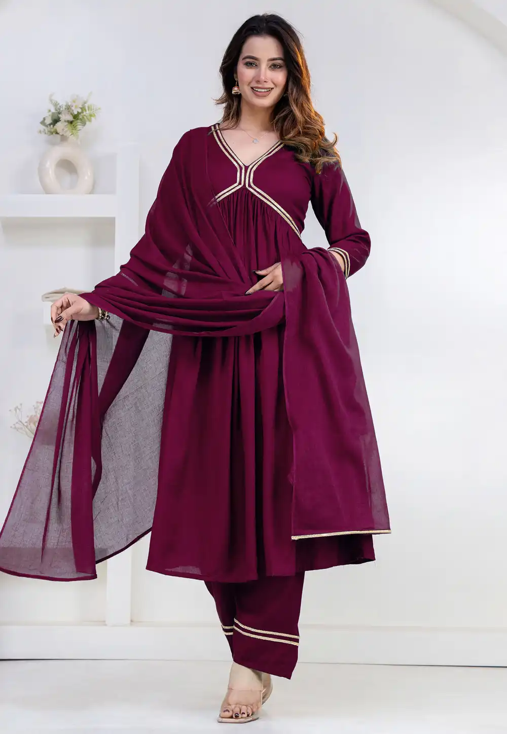 Purple Rayon Readymade Pant Style Suit 325445