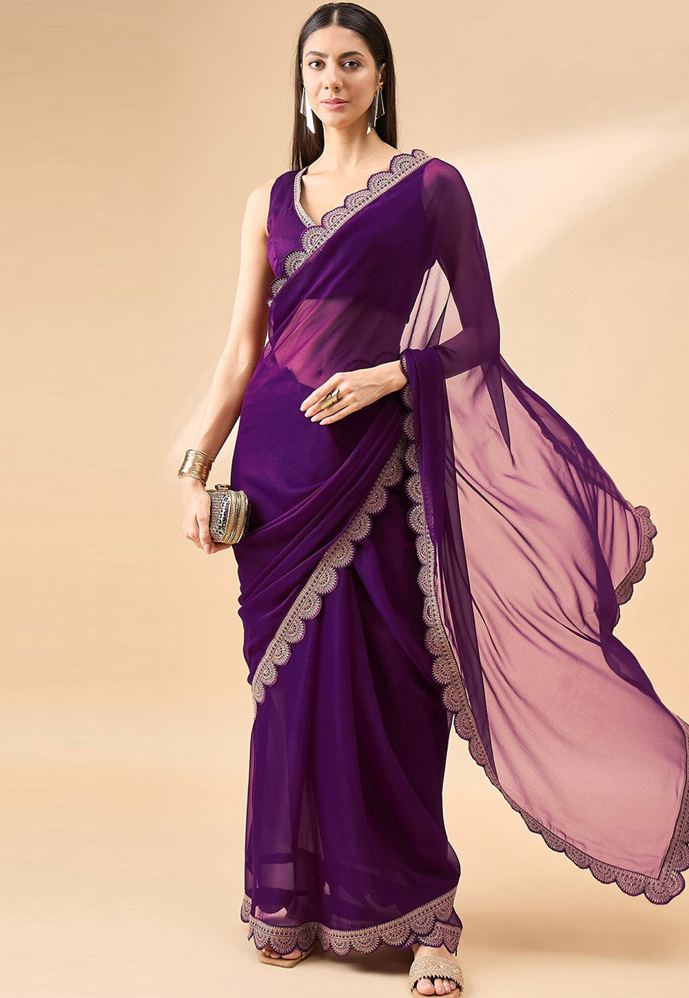 Purple Satin Chiffon Saree With Blouse 328616