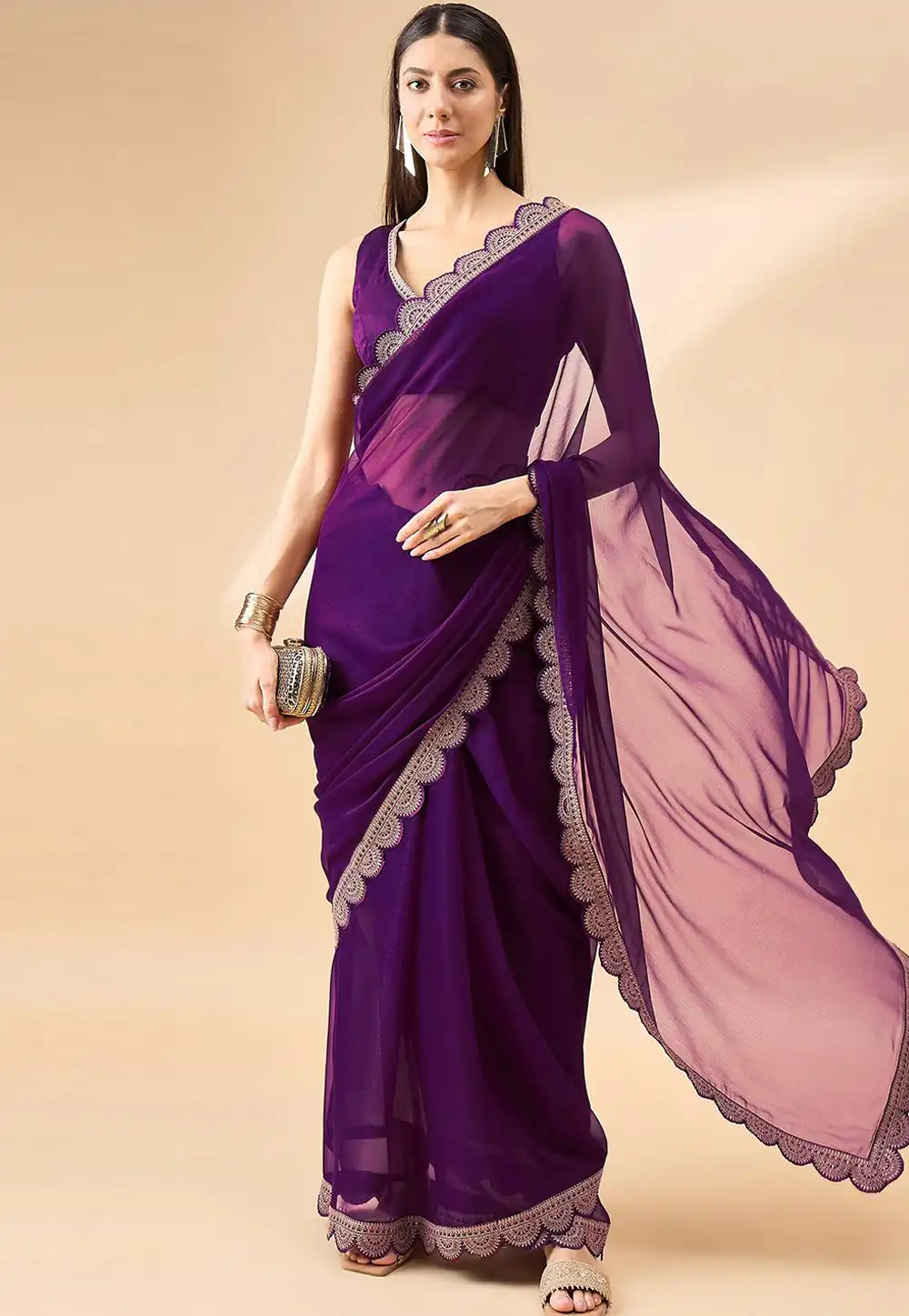 Purple Satin Chiffon Saree With Blouse 328616