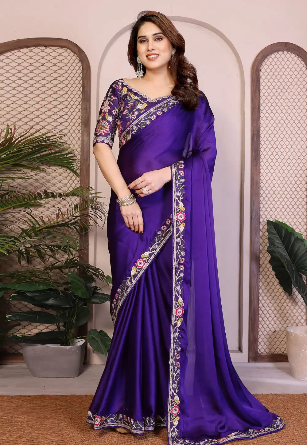 Purple Satin Chiffon Saree With Blouse 325093