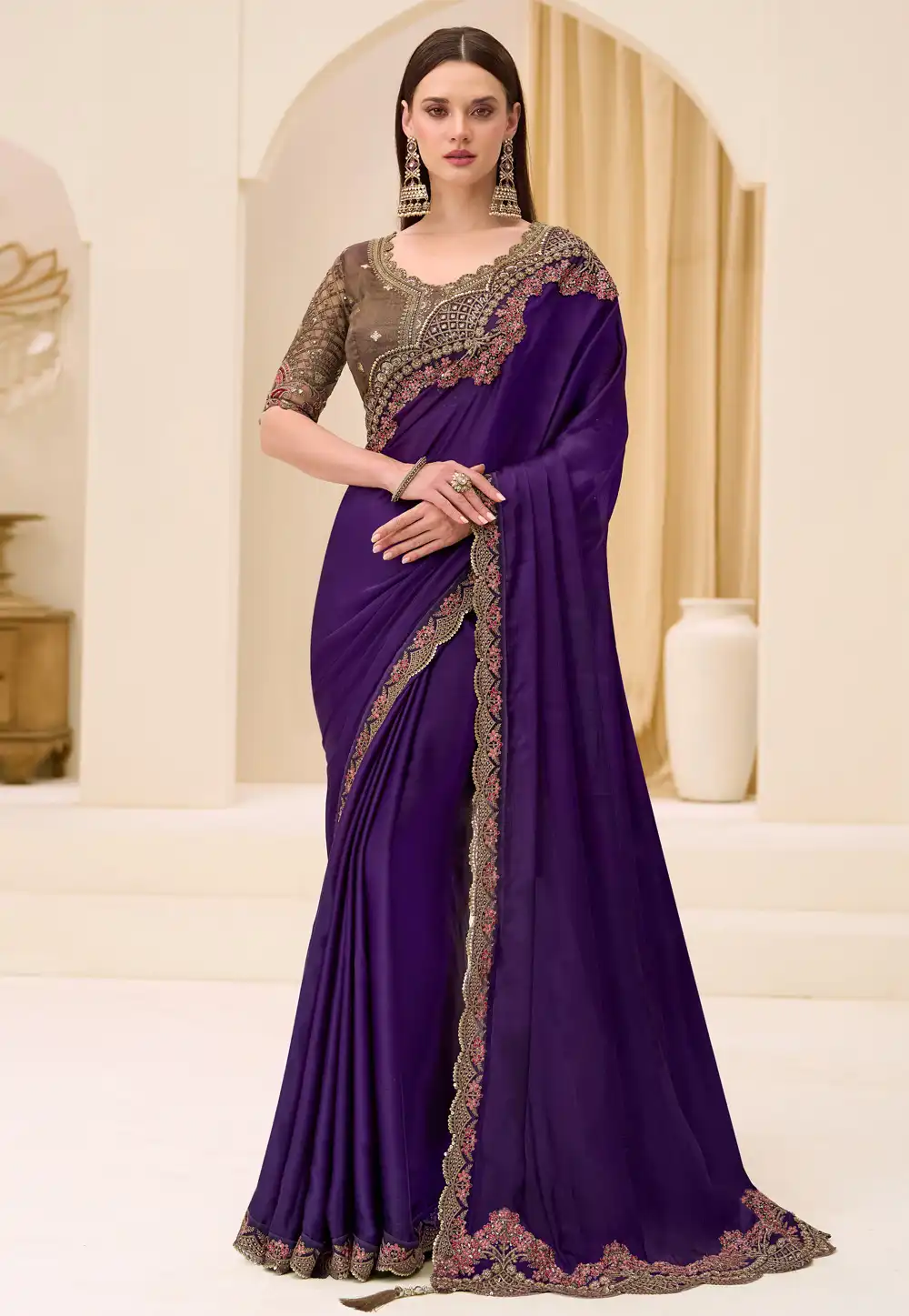 Purple Satin Chiffon Saree With Blouse 326401