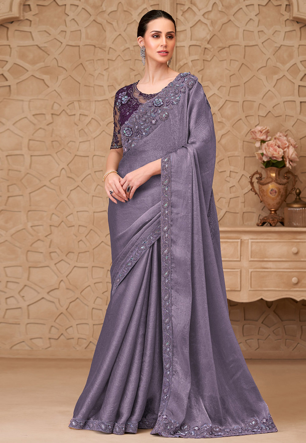 Purple Satin Georgette Saree With Blouse 325702
