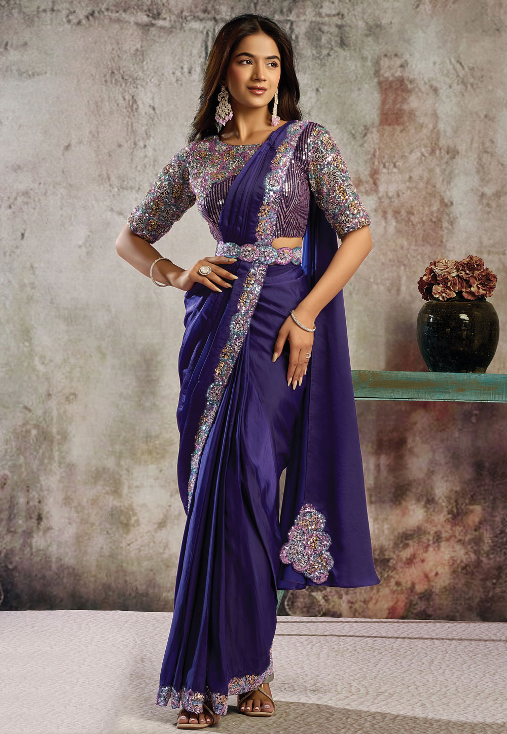 Purple Satin Lehenga Saree 324404