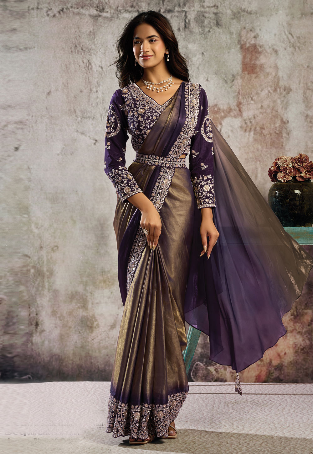 Purple Satin Lehenga Saree 324409