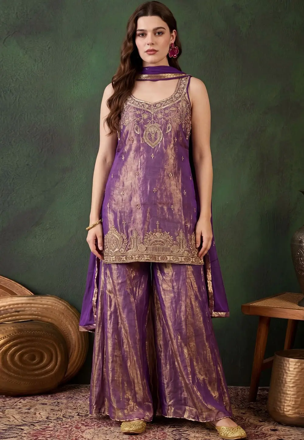 Purple Satin Readymade Palazzo Suit 335347