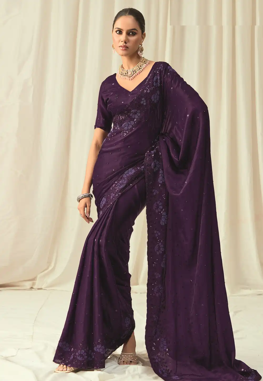 Purple Satin Saree With Blouse 315503