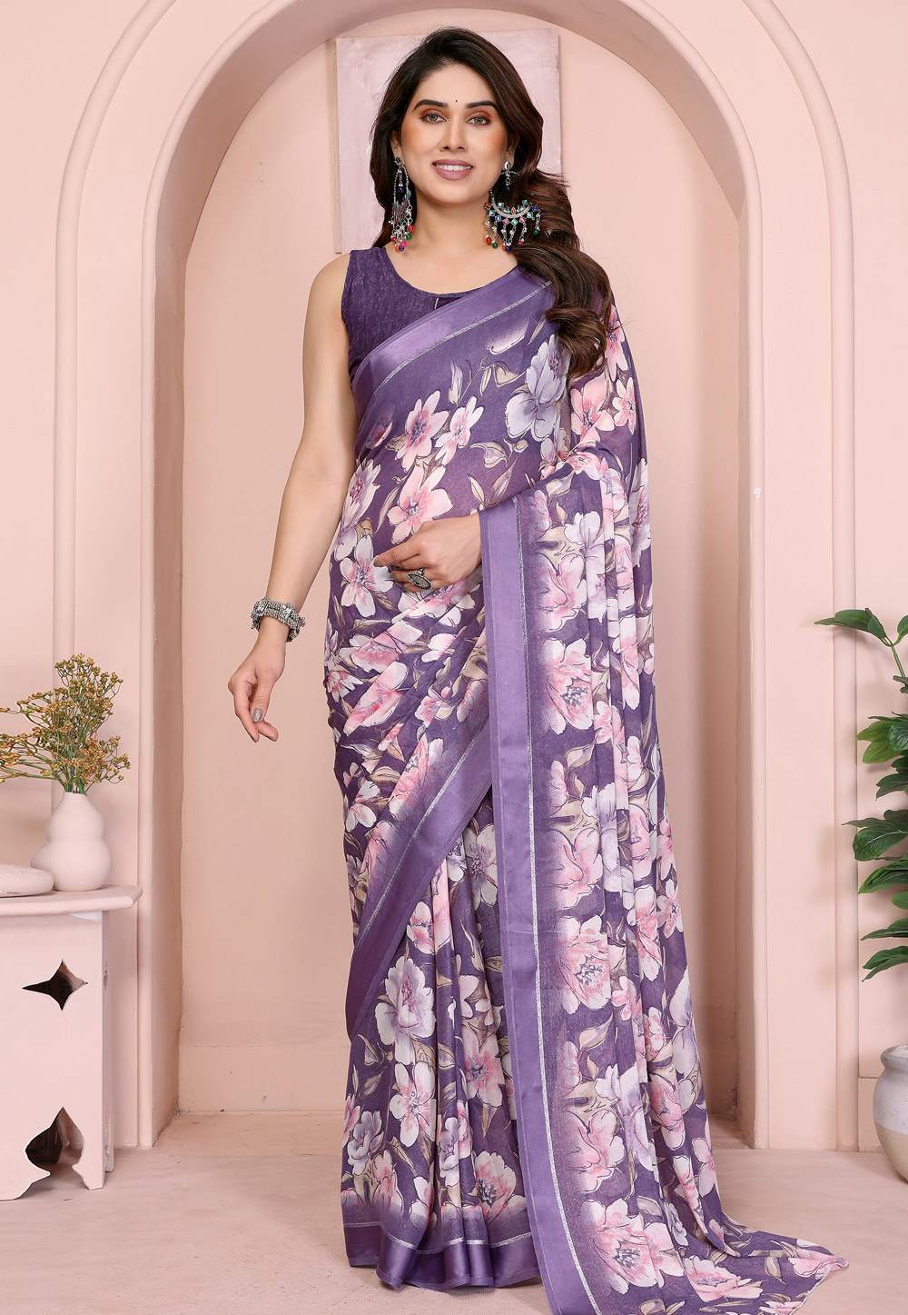Purple Satin Saree With Blouse 318783